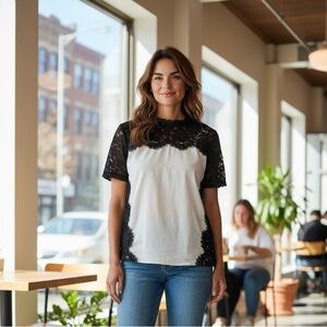 Lace Yoke Short Sleeve Top in Light Blue  and Navy Blue , XS